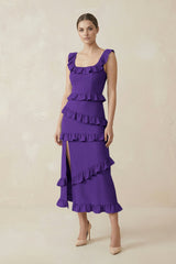 Square Neck Ruffled Sheath Satin Midi Bridesmaid Dress in Amethyst - KISS BRIDAL Bridesmaid Dresses