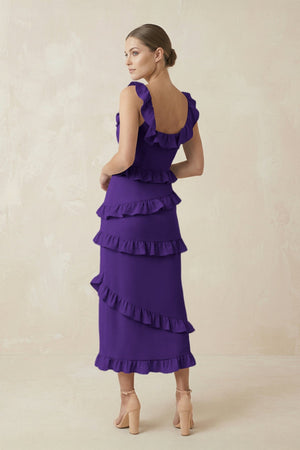 Square Neck Ruffled Sheath Satin Midi Bridesmaid Dress in Amethyst - KISS BRIDAL Bridesmaid Dresses