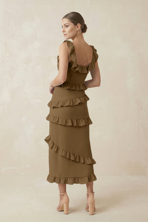 Square Neck Ruffled Sheath Satin Midi Bridesmaid Dress in Apple Cinnamon - KISS BRIDAL Bridesmaid Dresses