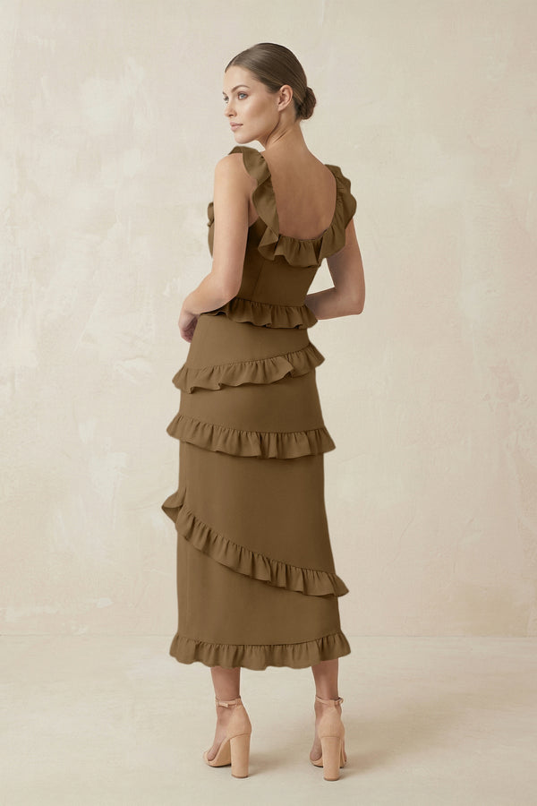 Square Neck Ruffled Sheath Satin Midi Bridesmaid Dress in Apple Cinnamon - KISS BRIDAL Bridesmaid Dresses