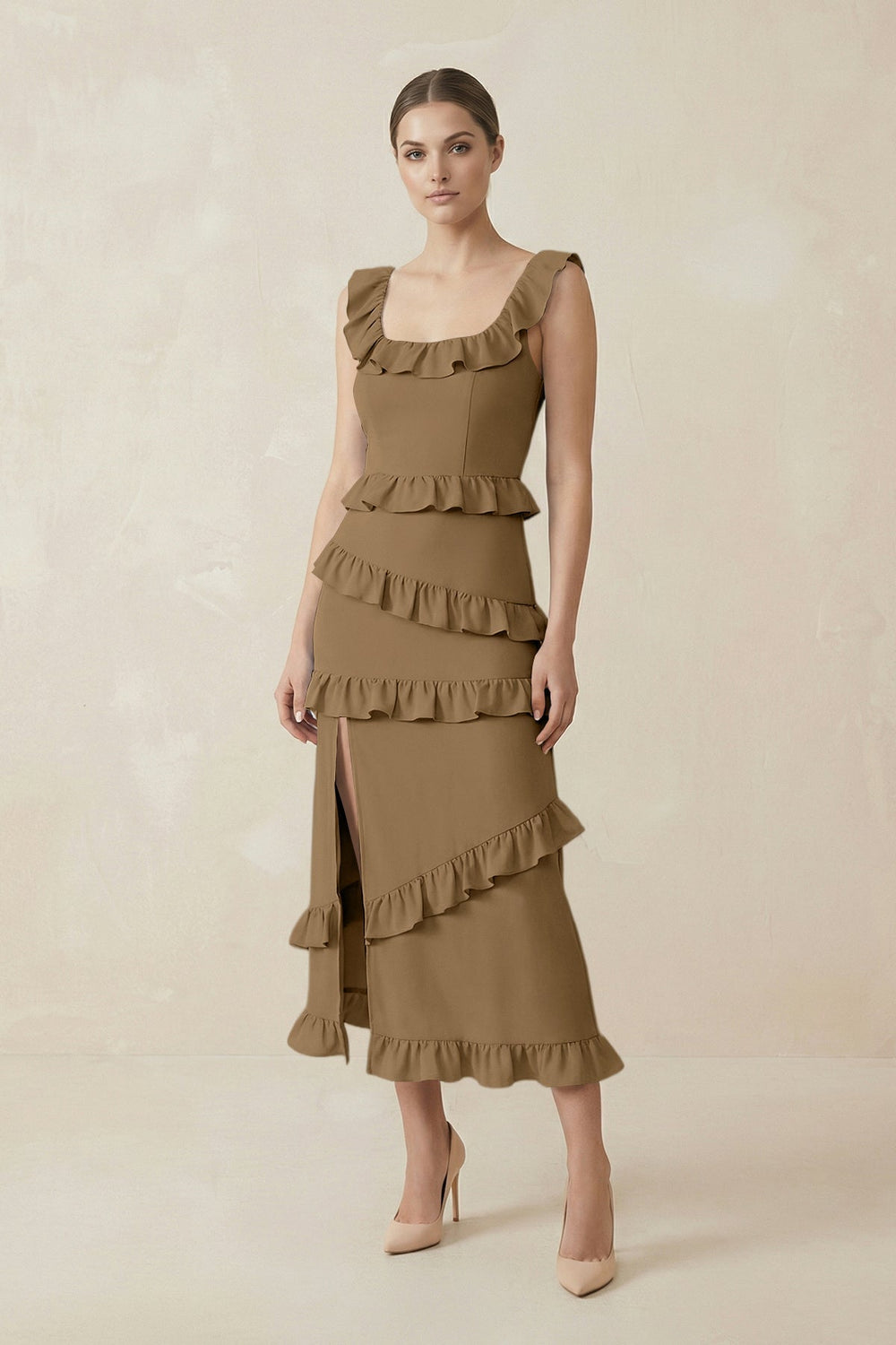 Square Neck Ruffled Sheath Satin Midi Bridesmaid Dress in Apple Cinnamon - KISS BRIDAL Bridesmaid Dresses