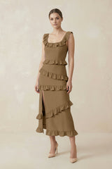 Square Neck Ruffled Sheath Satin Midi Bridesmaid Dress in Apple Cinnamon - KISS BRIDAL Bridesmaid Dresses