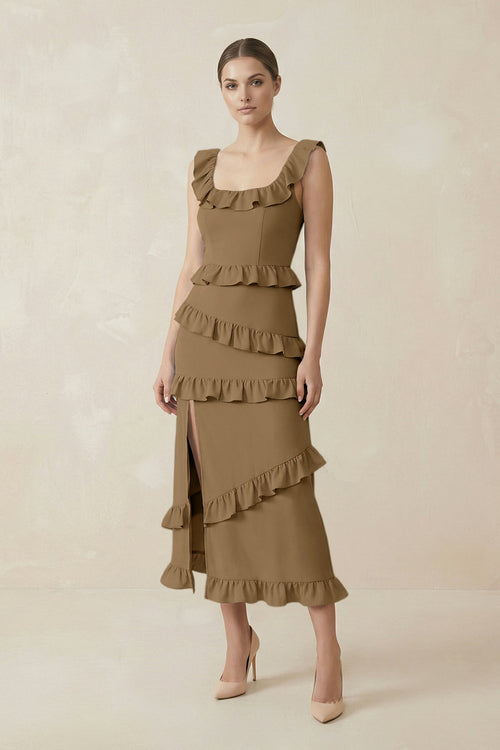 Square Neck Ruffled Sheath Satin Midi Bridesmaid Dress in Apple Cinnamon - KISS BRIDAL Bridesmaid Dresses