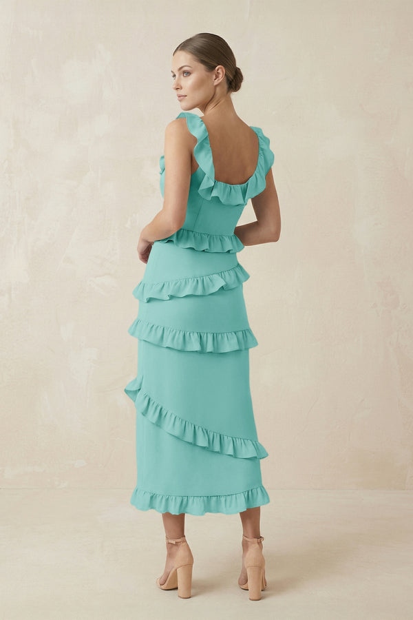 Square Neck Ruffled Sheath Satin Midi Bridesmaid Dress in Aqua - KISS BRIDAL Bridesmaid Dresses