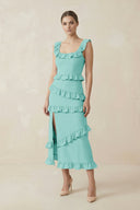 Square Neck Ruffled Sheath Satin Midi Bridesmaid Dress in Aqua - KISS BRIDAL Bridesmaid Dresses