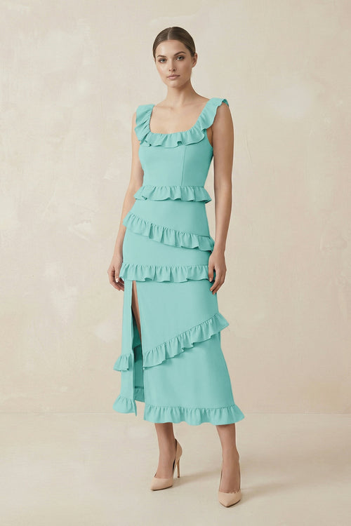 Square Neck Ruffled Sheath Satin Midi Bridesmaid Dress in Aqua - KISS BRIDAL Bridesmaid Dresses