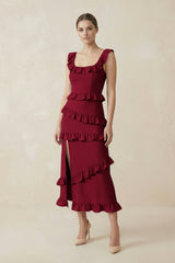 Square Neck Ruffled Sheath Satin Midi Bridesmaid Dress in Berry - KISS BRIDAL Bridesmaid Dresses