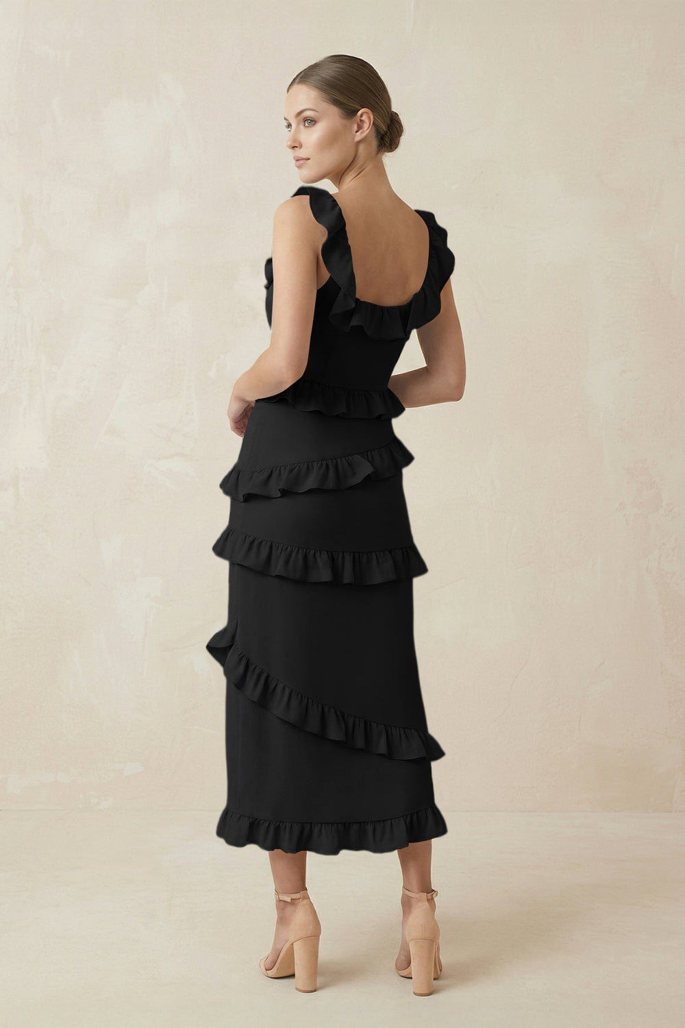 Square Neck Ruffled Sheath Satin Midi Bridesmaid Dress in Black - KISS BRIDAL Bridesmaid Dresses