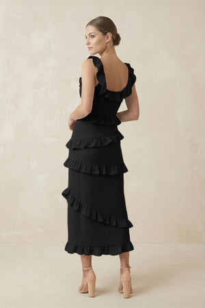Square Neck Ruffled Sheath Satin Midi Bridesmaid Dress in Black - KISS BRIDAL Bridesmaid Dresses