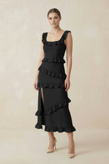 Square Neck Ruffled Sheath Satin Midi Bridesmaid Dress in Black - KISS BRIDAL Bridesmaid Dresses