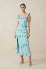 Square Neck Ruffled Sheath Satin Midi Bridesmaid Dress in Bleached Aqua - KISS BRIDAL Bridesmaid Dresses