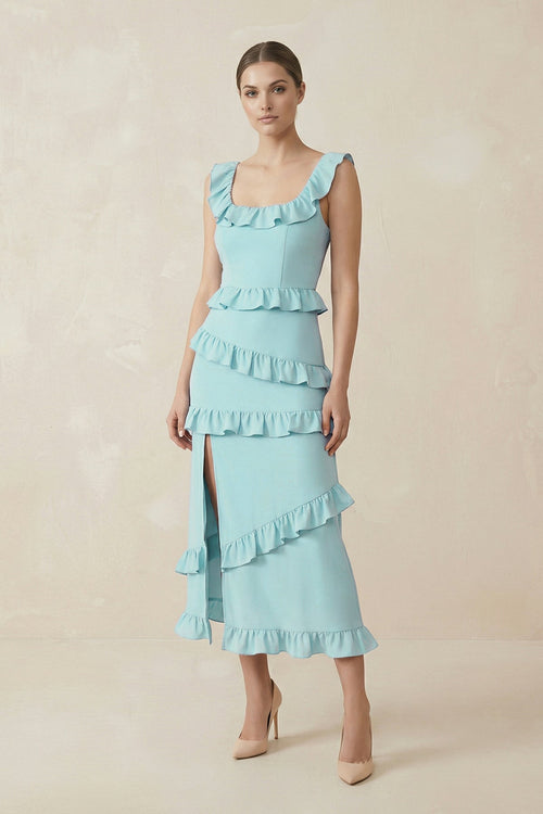 Square Neck Ruffled Sheath Satin Midi Bridesmaid Dress in Bleached Aqua - SHE IS ME Bridesmaid Dresses