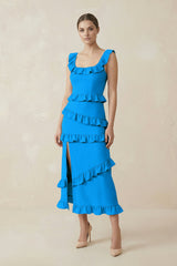 Square Neck Ruffled Sheath Satin Midi Bridesmaid Dress in Blue Jay - KISS BRIDAL Bridesmaid Dresses