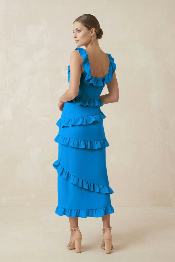 Square Neck Ruffled Sheath Satin Midi Bridesmaid Dress in Blue Jay - KISS BRIDAL Bridesmaid Dresses