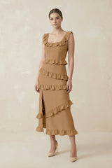 Square Neck Ruffled Sheath Satin Midi Bridesmaid Dress in Bronzer - KISS BRIDAL Bridesmaid Dresses