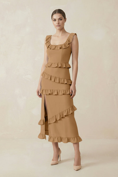 Square Neck Ruffled Sheath Satin Midi Bridesmaid Dress in Bronzer - KISS BRIDAL Bridesmaid Dresses