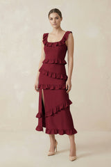 Square Neck Ruffled Sheath Satin Midi Bridesmaid Dress in Burgundy - KISS BRIDAL Bridesmaid Dresses
