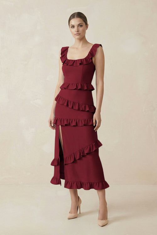 Square Neck Ruffled Sheath Satin Midi Bridesmaid Dress in Burgundy - KISS BRIDAL Bridesmaid Dresses
