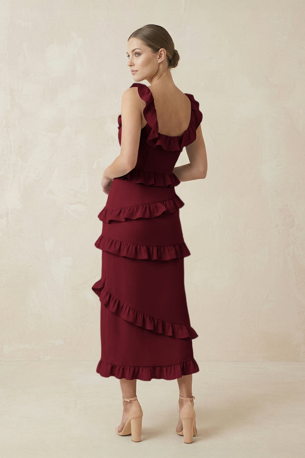 Square Neck Ruffled Sheath Satin Midi Bridesmaid Dress in Burgundy - KISS BRIDAL Bridesmaid Dresses