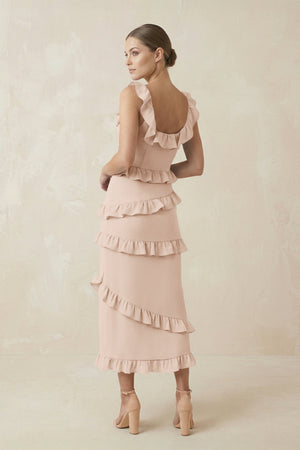 Square Neck Ruffled Sheath Satin Midi Bridesmaid Dress in Buttercream - KISS BRIDAL Bridesmaid Dresses