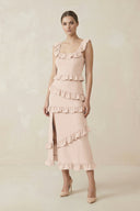 Square Neck Ruffled Sheath Satin Midi Bridesmaid Dress in Buttercream - KISS BRIDAL Bridesmaid Dresses