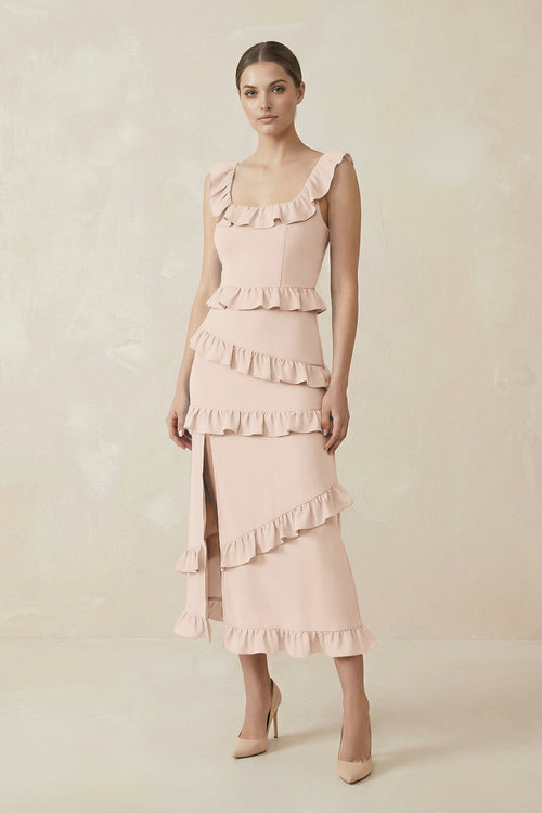 Square Neck Ruffled Sheath Satin Midi Bridesmaid Dress in Buttercream - KISS BRIDAL Bridesmaid Dresses