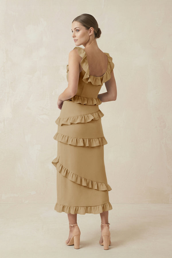 Square Neck Ruffled Sheath Satin Midi Bridesmaid Dress in Champagne - KISS BRIDAL Bridesmaid Dresses