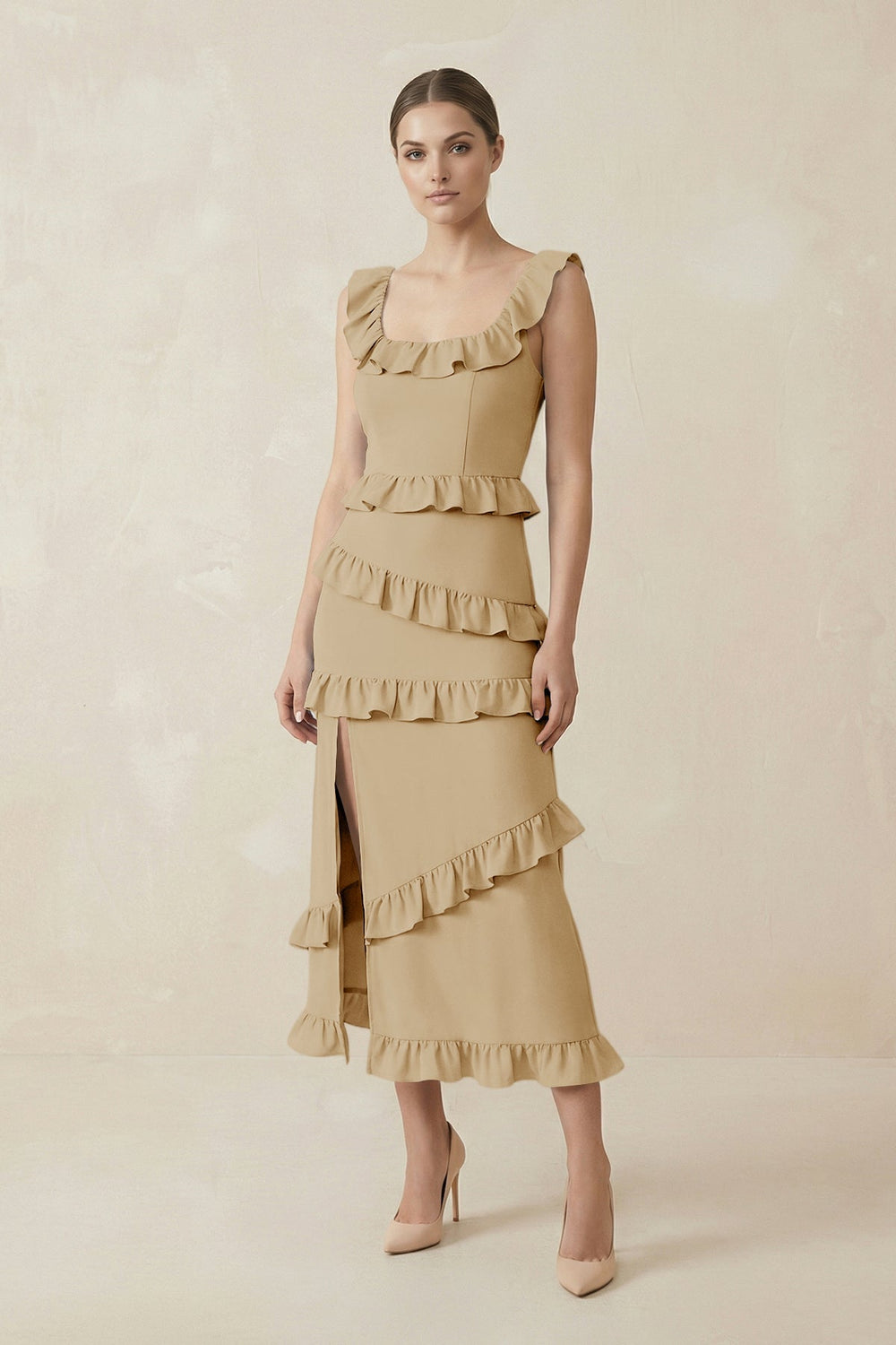 Square Neck Ruffled Sheath Satin Midi Bridesmaid Dress in Champagne - SHE IS ME Bridesmaid Dresses