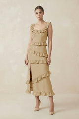 Square Neck Ruffled Sheath Satin Midi Bridesmaid Dress in Champagne - KISS BRIDAL Bridesmaid Dresses