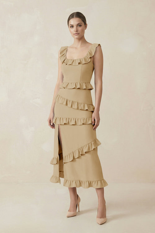 Square Neck Ruffled Sheath Satin Midi Bridesmaid Dress in Champagne - KISS BRIDAL Bridesmaid Dresses