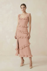 Square Neck Ruffled Sheath Satin Midi Bridesmaid Dress in Champagne Rose - KISS BRIDAL Bridesmaid Dresses