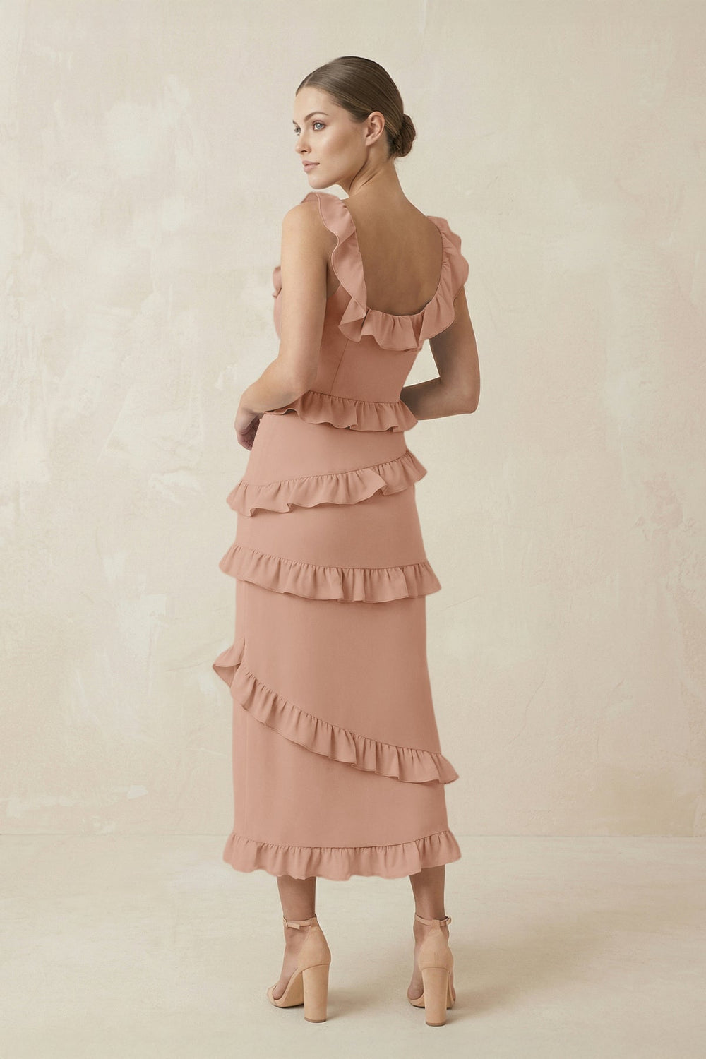 Square Neck Ruffled Sheath Satin Midi Bridesmaid Dress in Champagne Rose - SHE IS ME Bridesmaid Dresses