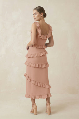 Square Neck Ruffled Sheath Satin Midi Bridesmaid Dress in Champagne Rose - KISS BRIDAL Bridesmaid Dresses