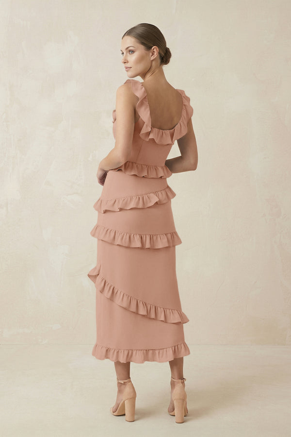 Square Neck Ruffled Sheath Satin Midi Bridesmaid Dress in Champagne Rose - KISS BRIDAL Bridesmaid Dresses