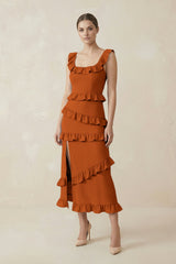 Square Neck Ruffled Sheath Satin Midi Bridesmaid Dress in Cinnamon - KISS BRIDAL Bridesmaid Dresses