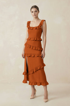 Square Neck Ruffled Sheath Satin Midi Bridesmaid Dress in Cinnamon - KISS BRIDAL Bridesmaid Dresses