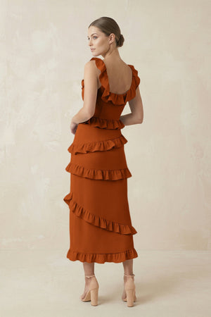 Square Neck Ruffled Sheath Satin Midi Bridesmaid Dress in Cinnamon - KISS BRIDAL Bridesmaid Dresses