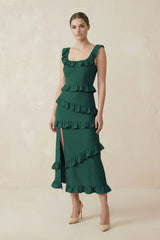 Square Neck Ruffled Sheath Satin Midi Bridesmaid Dress in Dark Green - KISS BRIDAL Bridesmaid Dresses