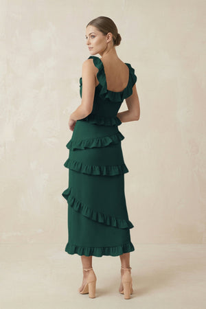 Square Neck Ruffled Sheath Satin Midi Bridesmaid Dress in Dark Green - KISS BRIDAL Bridesmaid Dresses