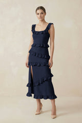 Square Neck Ruffled Sheath Satin Midi Bridesmaid Dress in Dark Navy - KISS BRIDAL Bridesmaid Dresses