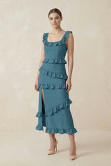 Square Neck Ruffled Sheath Satin Midi Bridesmaid Dress in Dark Teal - KISS BRIDAL Bridesmaid Dresses