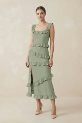 Square Neck Ruffled Sheath Satin Midi Bridesmaid Dress in Dove Gray - KISS BRIDAL Bridesmaid Dresses