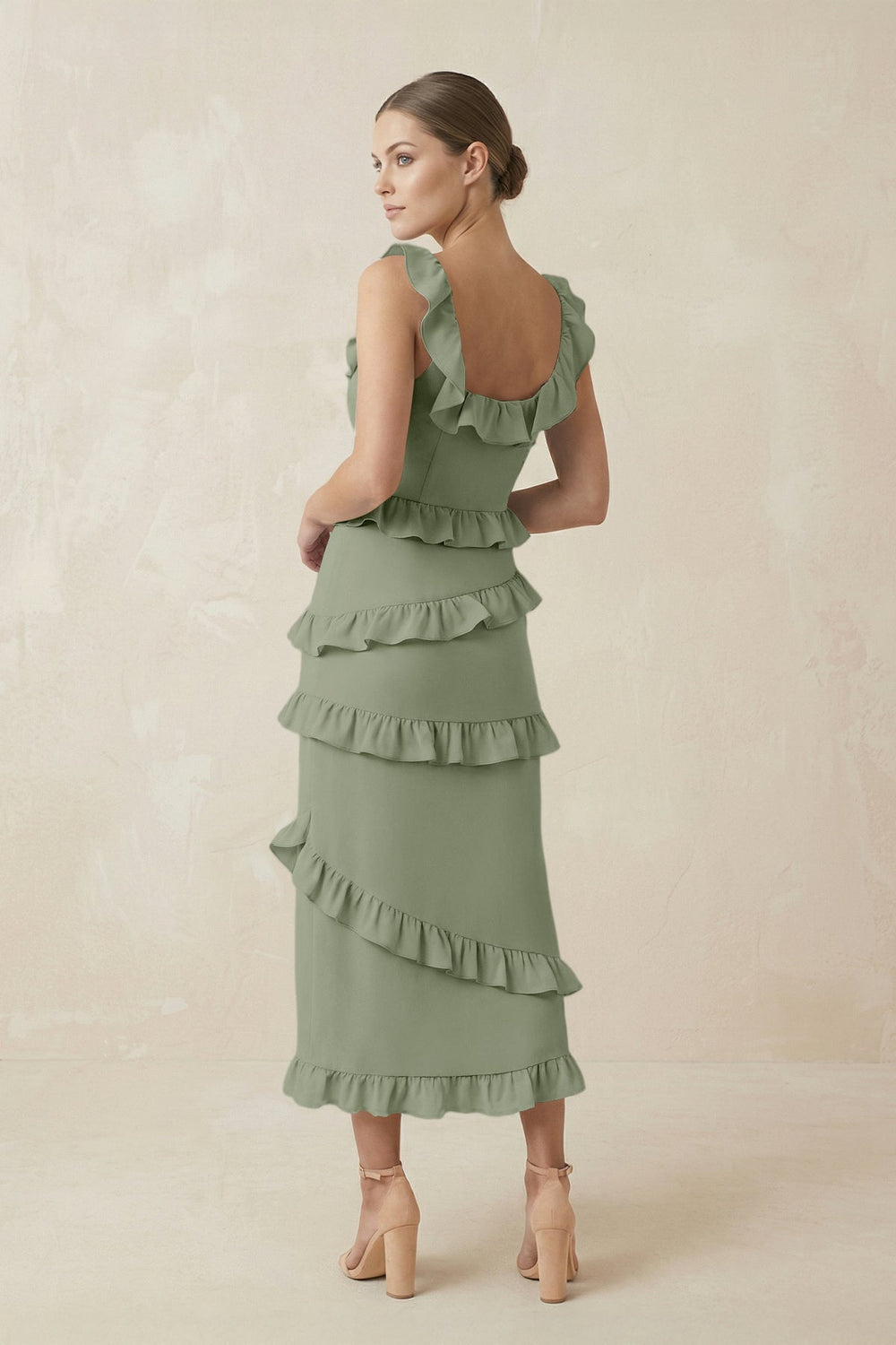 Square Neck Ruffled Sheath Satin Midi Bridesmaid Dress in Dove Gray - KISS BRIDAL Bridesmaid Dresses