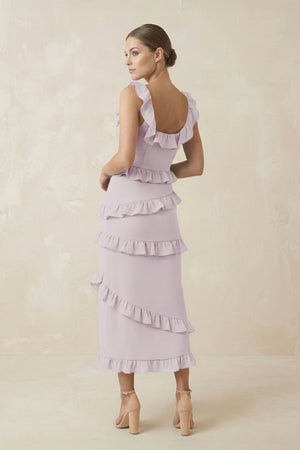 Square Neck Ruffled Sheath Satin Midi Bridesmaid Dress in Dusk - KISS BRIDAL Bridesmaid Dresses