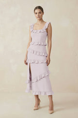 Square Neck Ruffled Sheath Satin Midi Bridesmaid Dress in Dusk - KISS BRIDAL Bridesmaid Dresses