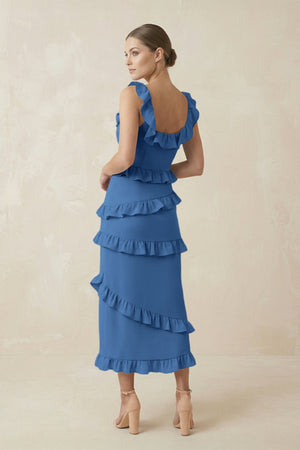 Square Neck Ruffled Sheath Satin Midi Bridesmaid Dress in Dusty Blue - KISS BRIDAL Bridesmaid Dresses