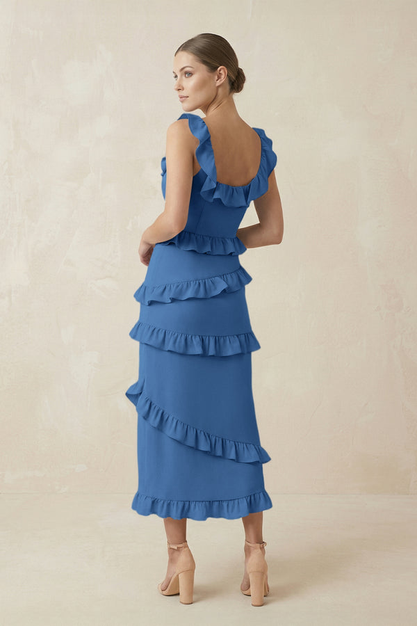Square Neck Ruffled Sheath Satin Midi Bridesmaid Dress in Dusty Blue - KISS BRIDAL Bridesmaid Dresses