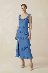 Square Neck Ruffled Sheath Satin Midi Bridesmaid Dress in Dusty Blue - KISS BRIDAL Bridesmaid Dresses