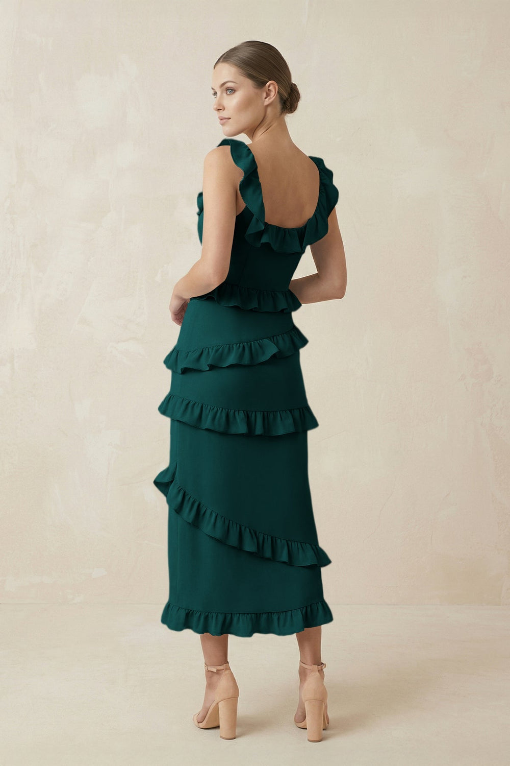 Square Neck Ruffled Sheath Satin Midi Bridesmaid Dress in Emerald - SHE IS ME Bridesmaid Dresses