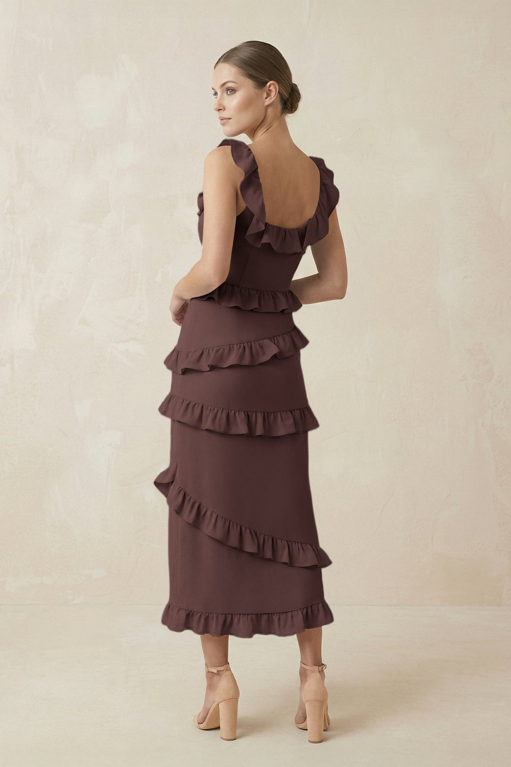 Square Neck Ruffled Sheath Satin Midi Bridesmaid Dress in Espresso - KISS BRIDAL Bridesmaid Dresses